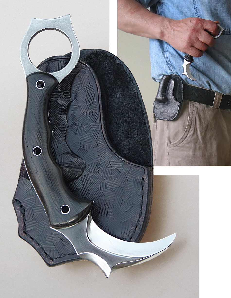 A carbon steel karambit knife with black oak grip plates